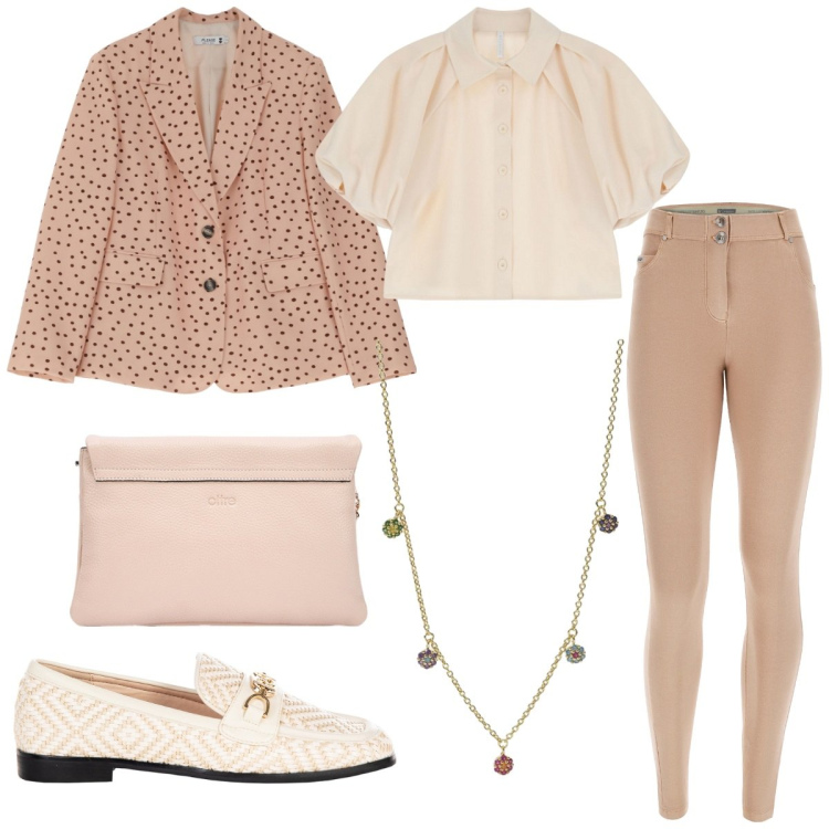 Outfit donna - Camicetta sofisticata. Stile Bon Ton per Tutti i giorni. Abbinamento con ciondoli, mocassini, camicie a manica corta, blazer, pantaloni skinny, borse a tracolla.