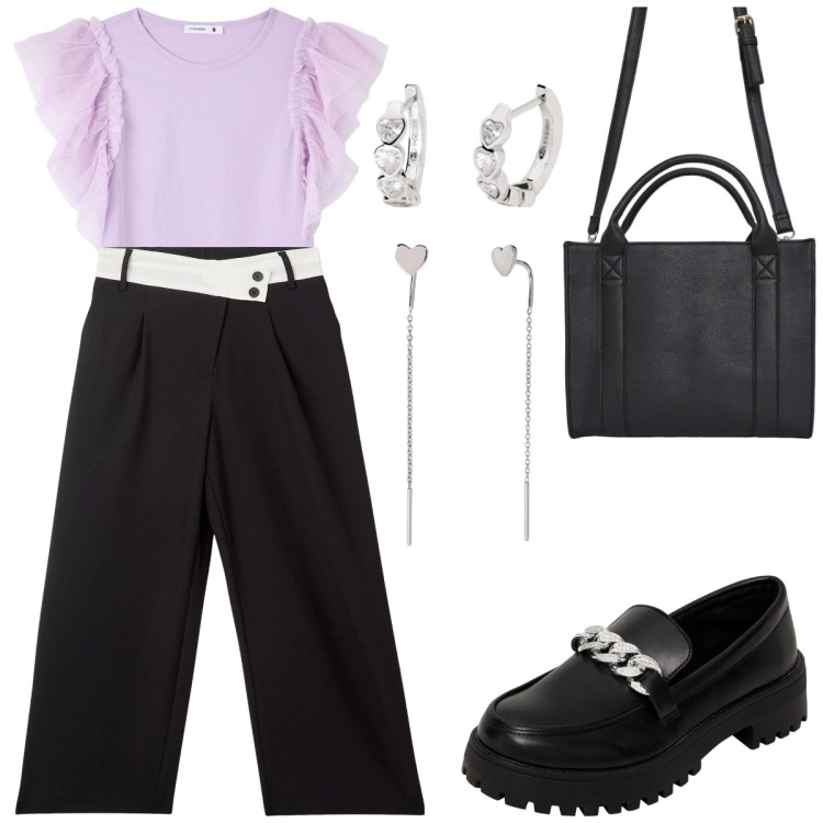 Outfit donna - Boh. Stile Casual per Serata fuori. Abbinamento con t-shirt, borse tote, pantaloni, mocassini, orecchini, orecchini.