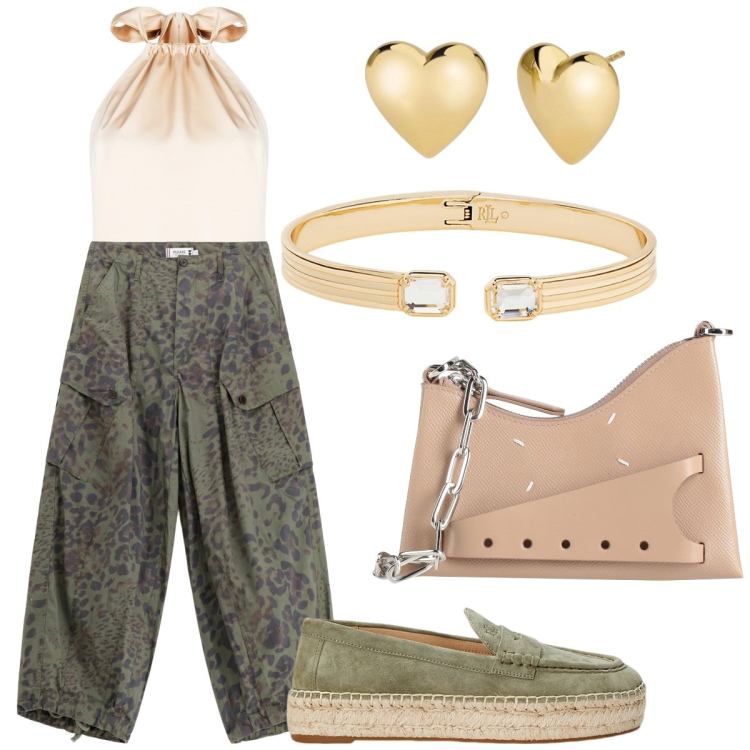 Outfit donna - Una borsa. Stile Minimal per Tutti i giorni. Abbinamento con borse a tracolla, orecchini, body, pantaloni cargo, braccialetti, espadrillas.