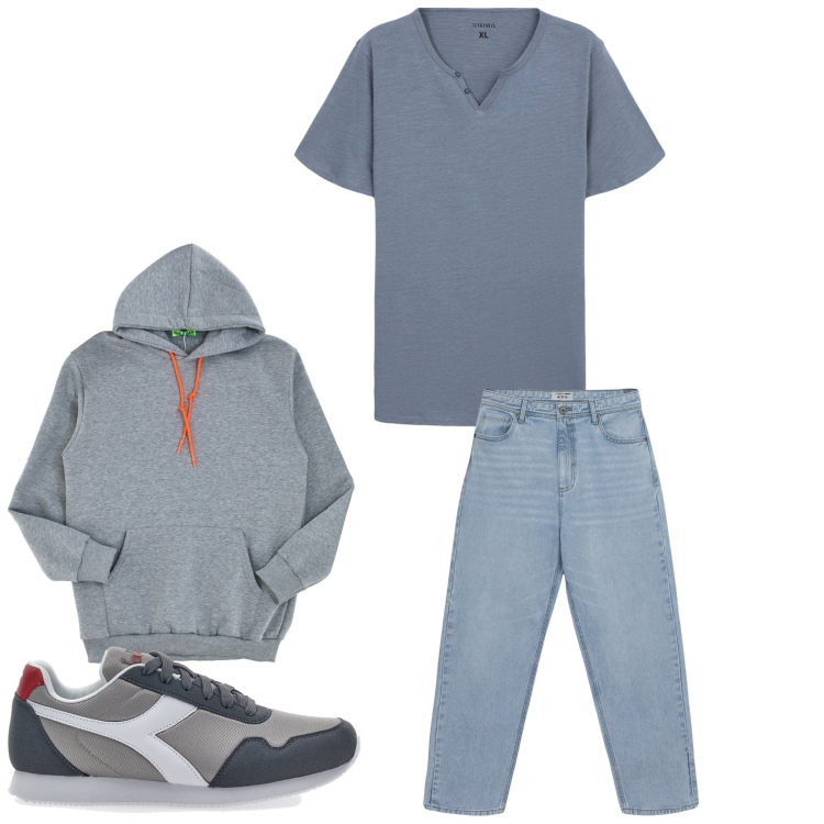 Outfit uomo - Week end. Stile Casual per Tutti i giorni. Abbinamento con jeans, t-shirt, felpe con cappuccio, sneakers.