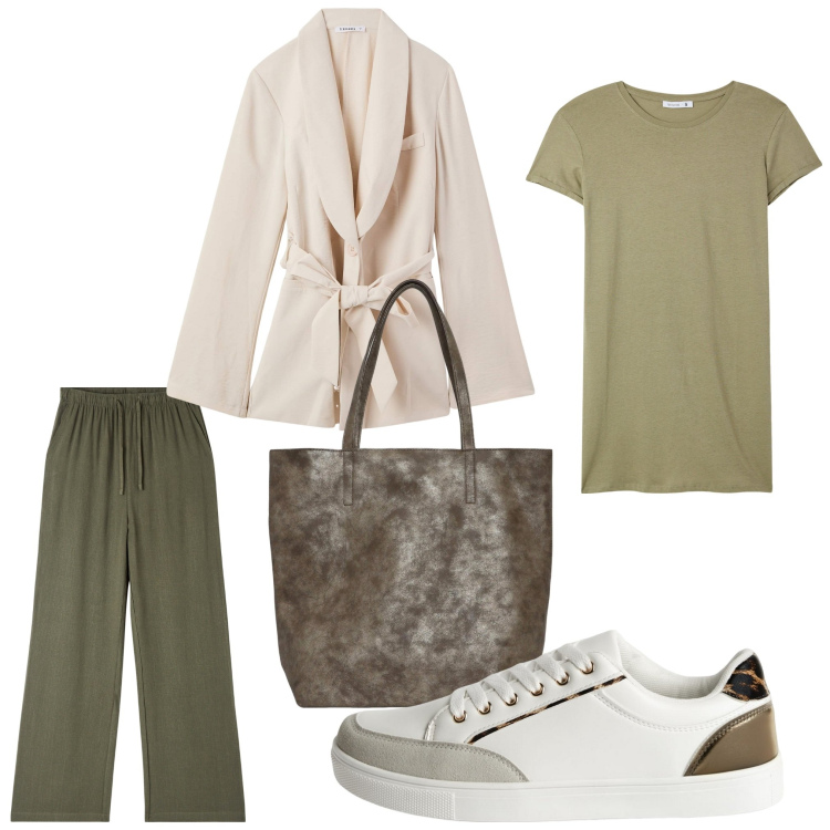 Outfit donna - Bella e semplice. Stile Casual per Tutti i giorni. Abbinamento con pantaloni, sneakers, blazer, t-shirt, borse tote.