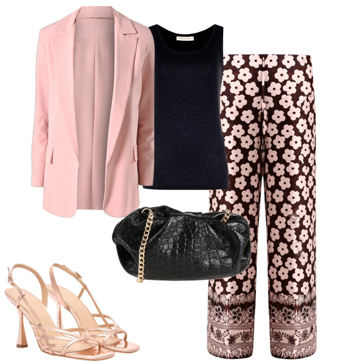 Outfit donna - City. Stile Urban per Tutti i giorni. Abbinamento con borse a tracolla, pantaloni a palazzo, blazer, canottiere, sandali col tacco.