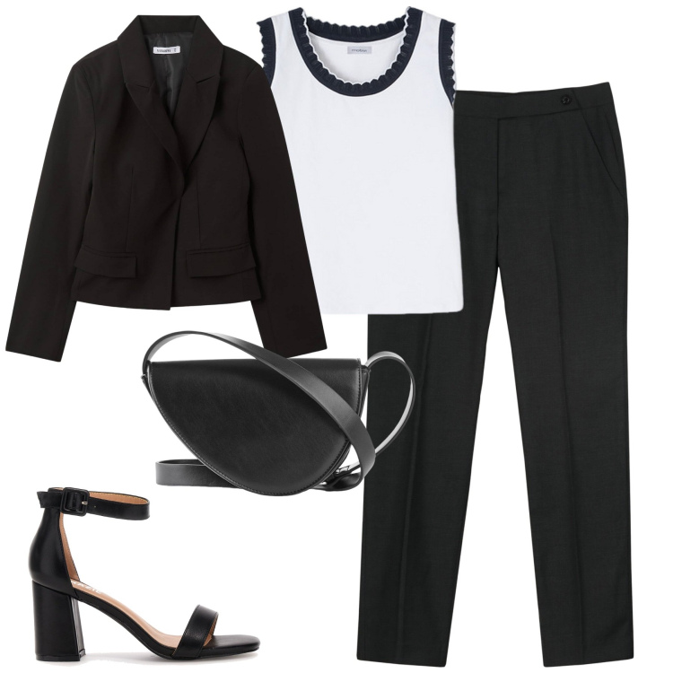 Outfit donna - City. Stile Urban per Tutti i giorni. Abbinamento con borse a tracolla, blazer, pantaloni, sandali col tacco, top.