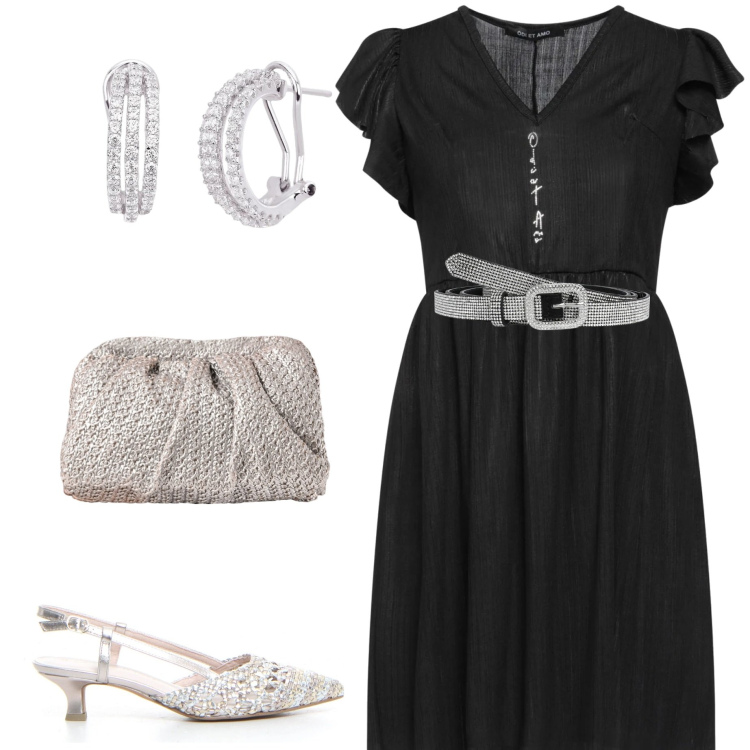 Outfit donna - Serata. Stile Chic per Serata fuori. Abbinamento con vestiti corti, cinture, orecchini, clutch, sandali col tacco.
