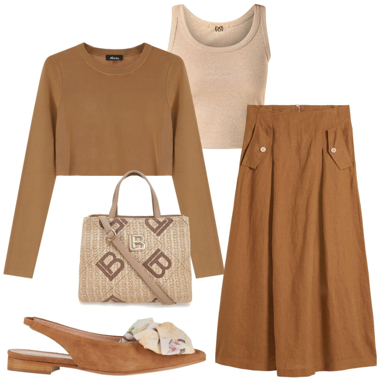 Outfit donna - Mocha mousse. Stile Casual chic per Ufficio. Abbinamento con gonne, ballerine, canottiere, pullovers, borse a tracolla.