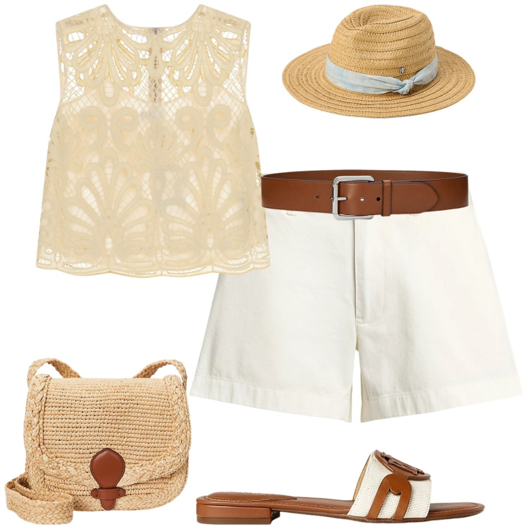 Outfit donna - Passeggiata. Stile Casual chic per Tutti i giorni. Abbinamento con top, cinture, ciabatte, borse a tracolla, cappelli, shorts.