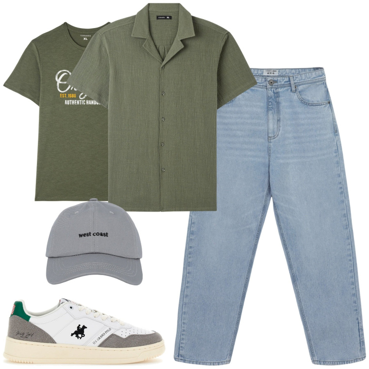 Outfit uomo - City. Stile Casual per Tutti i giorni. Abbinamento con t-shirt, camicie a manica corta, cappelli con visiera, jeans, sneakers.