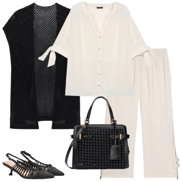Outfit donna - Serata fuori. Stile Casual chic per Serata fuori. Abbinamento con pantaloni, camicie, cardigans, décolleté, borse a mano.