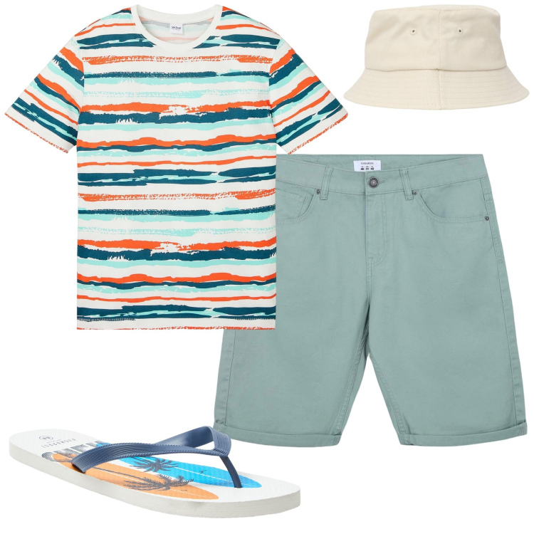 Outfit uomo - Italian summer. Stile Casual per Mare. Abbinamento con t-shirt, cappelli, bermuda, sandali.