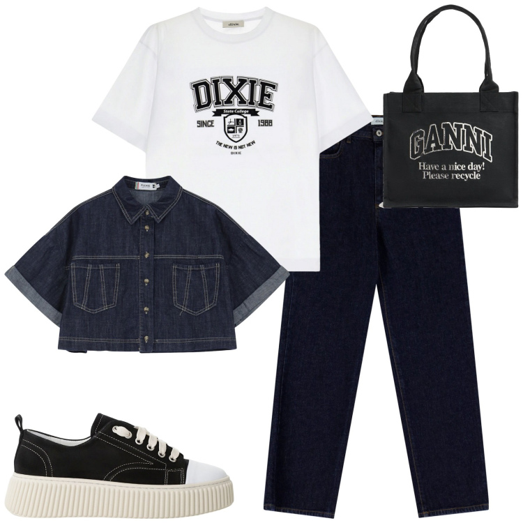Outfit donna - City. Stile Casual chic per Tutti i giorni. Abbinamento con blazer, sneakers, jeans dritti, t-shirt, shopping bag.