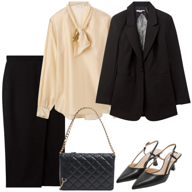 Outfit donna - Occasione speciale. Stile Chic per Serata fuori. Abbinamento con sabot, bluse, gonne longuette, blazer, borse a tracolla.