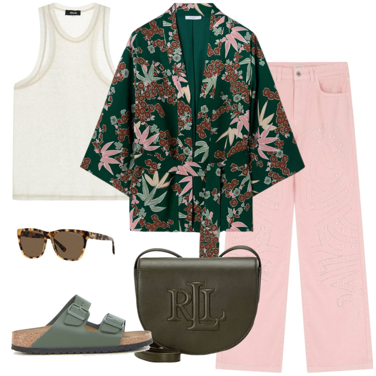 Outfit donna - Il kimono. Stile Casual per Scuola/Università. Abbinamento con pantaloni, top, occhiali da sole, borse a tracolla, kimono, ciabatte.