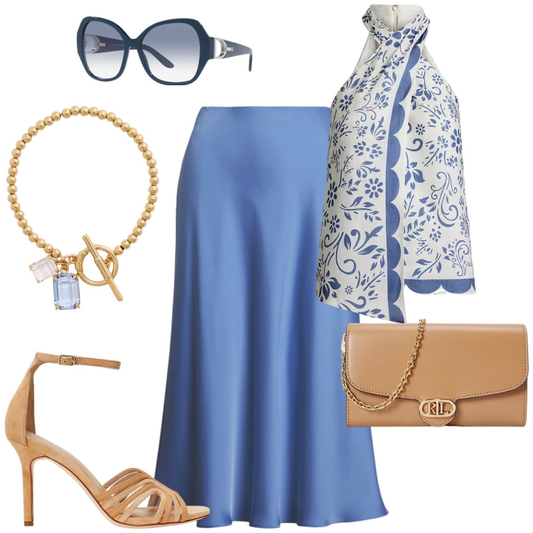 Outfit donna - Skirt inspo. Stile Chic per Cerimonia. Abbinamento con occhiali da sole, braccialetti, top, sandali in pelle, gonne, borse a tracolla.