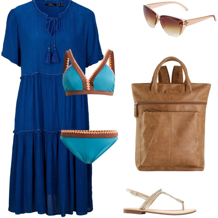 Outfit donna - Caftano. Stile Etnico per Mare. Abbinamento con caftani, bikini, zaini, ciabatte, occhiali da sole.