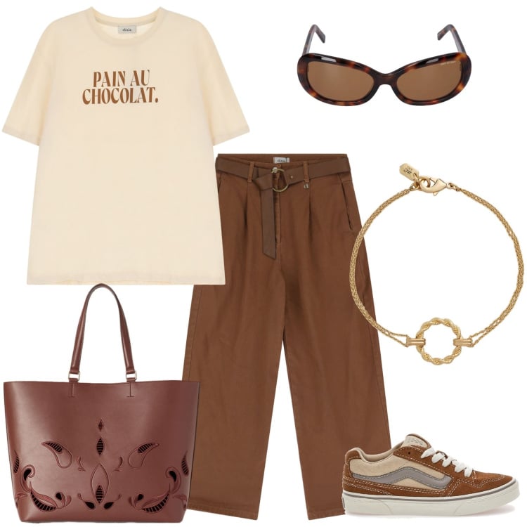 Outfit donna - Pain au chocolat per la scuola. Stile Casual per Scuola/Università. Abbinamento con braccialetti, pantaloni, t-shirt, sneakers, occhiali da sole, shopping bag.