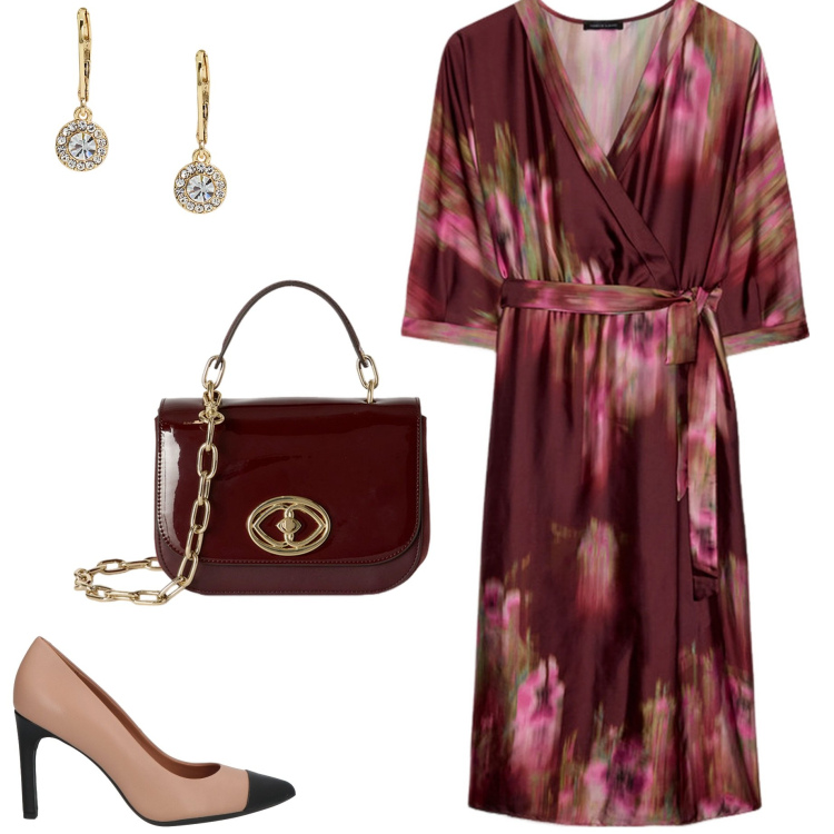 Outfit donna - A cena fuori. Stile Chic per Serata fuori. Abbinamento con décolleté, orecchini, vestiti midi/longuette, borse a tracolla.