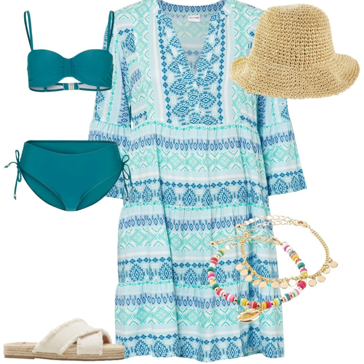 Outfit donna - Mediterranea. Stile Trendy per Mare. Abbinamento con vestiti, cappelli, ciabatte, bikini, braccialetti con ciondoli.