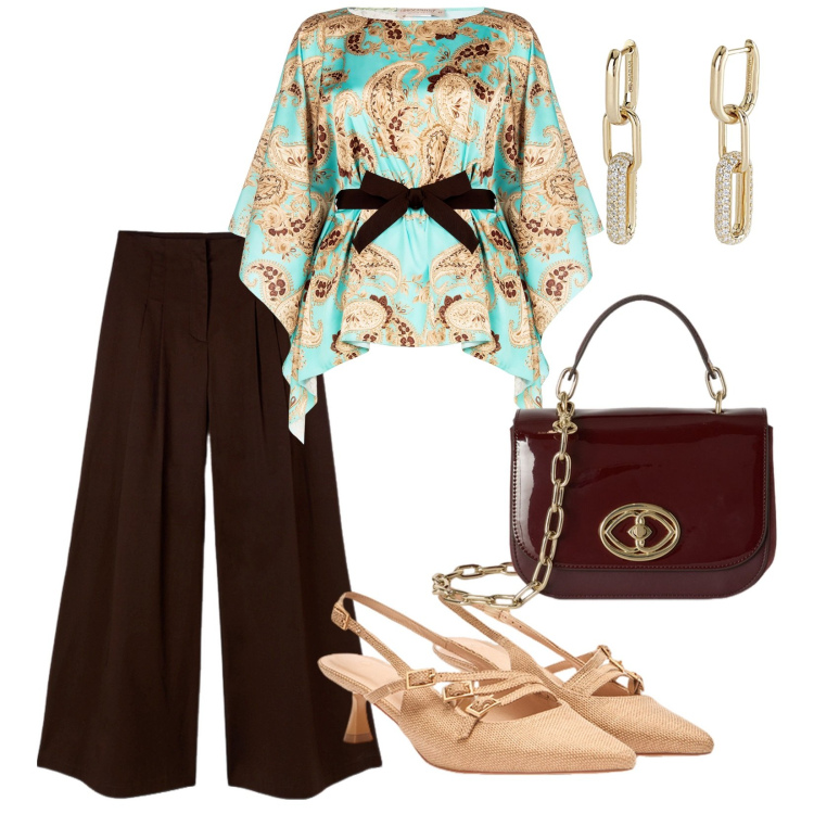 Outfit donna - Communione a maggio. per Cerimonia. Abbinamento con orecchini, bluse, pantaloni a palazzo, borse a tracolla, décolleté.