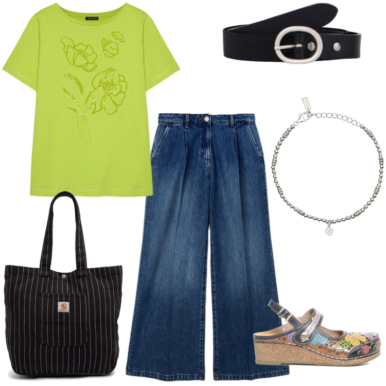 Outfit donna - Lezione all\'università. Stile Casual per Scuola/Università. Abbinamento con braccialetti con ciondoli, cinture, t-shirt, sandali, borse tote, jeans.