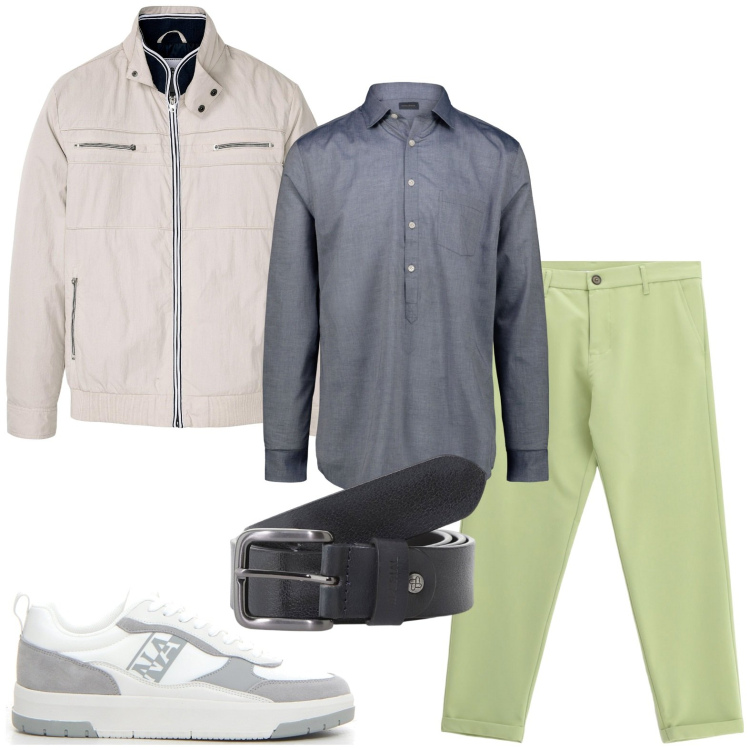 Outfit uomo - Giacca leggera protagonista. Stile Urban per Ufficio. Abbinamento con giacche, pantaloni, cinture, camicie, sneakers.