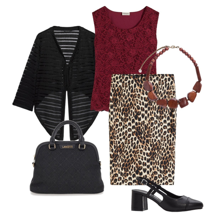 Outfit donna - La gonna leopardata. Stile Bon Ton per Serata fuori. Abbinamento con top, décolleté, gonne longuette, borse a spalla, bolero, collane.