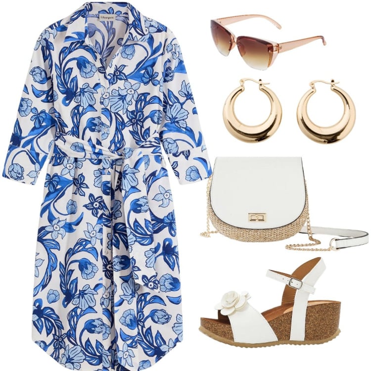 Outfit donna - Calda estate. Stile Casual per Tutti i giorni. Abbinamento con vestiti chemisier, sandali, borse a tracolla, occhiali da sole, orecchini.
