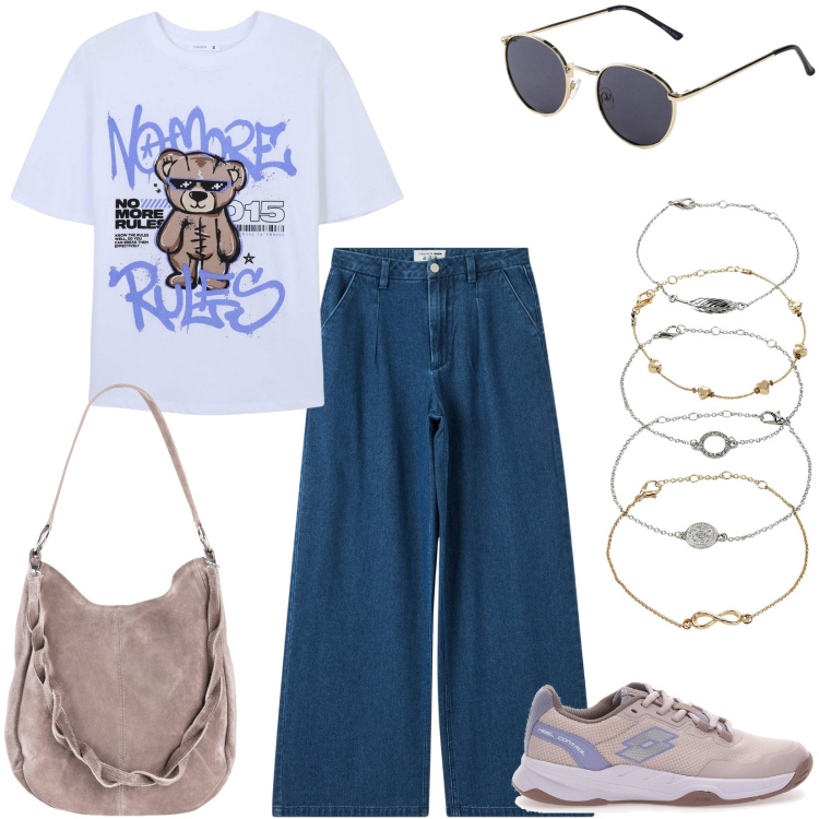 Outfit donna - No more rules. Stile Casual per Tutti i giorni. Abbinamento con braccialetti con ciondoli, borse a mano, occhiali da sole, t-shirt, jeans, sneakers.
