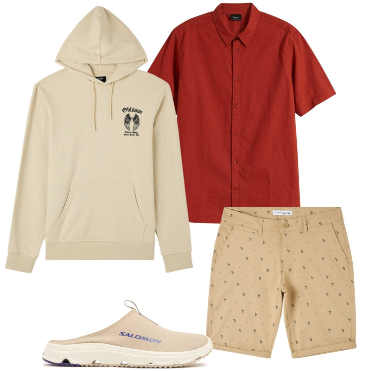 Outfit uomo - Camicia color terra di siena. Stile Casual per Tutti i giorni. Abbinamento con camicie a manica corta, felpe con cappuccio, shorts, sneakers.