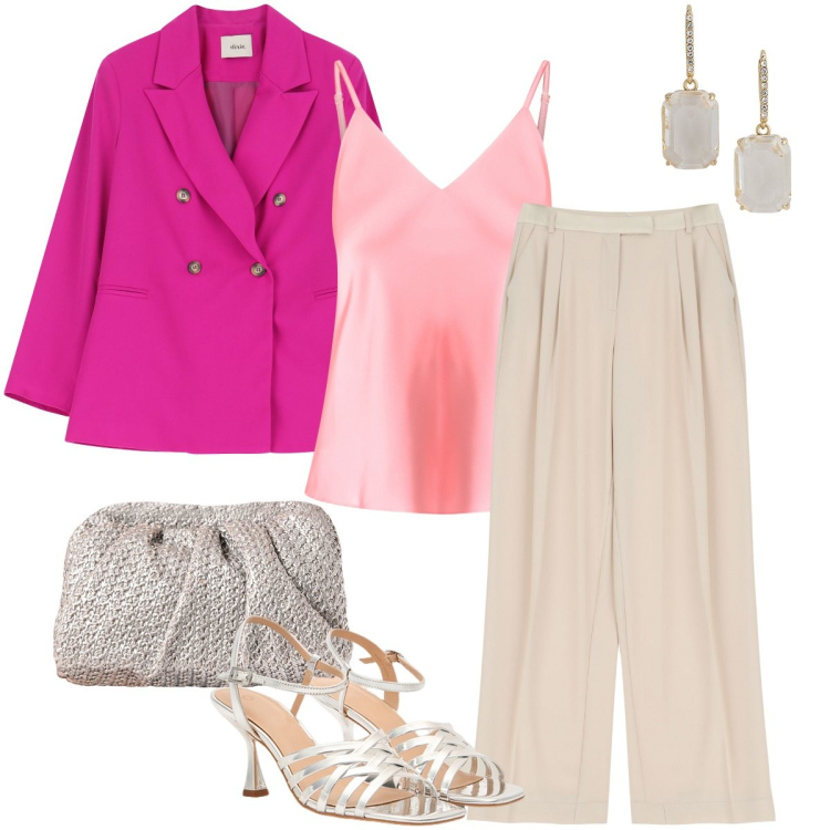 Outfit donna - Cerimonia a maggio. Stile Chic per Cerimonia. Abbinamento con pantaloni, blazer, top, clutch, orecchini, sandali col tacco.