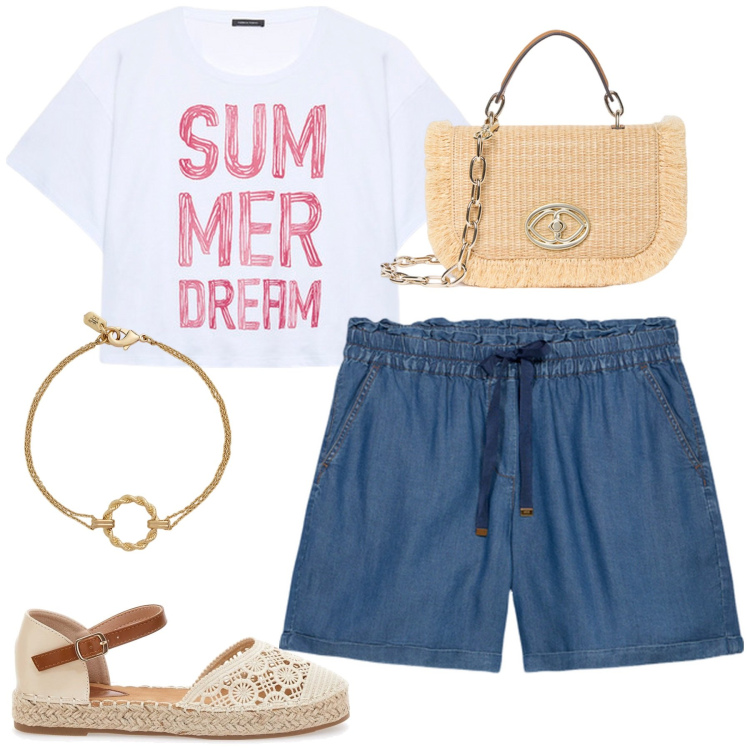 Outfit donna - Summer time. Stile Casual chic per Tutti i giorni. Abbinamento con braccialetti, t-shirt, espadrillas, borse a tracolla, shorts.