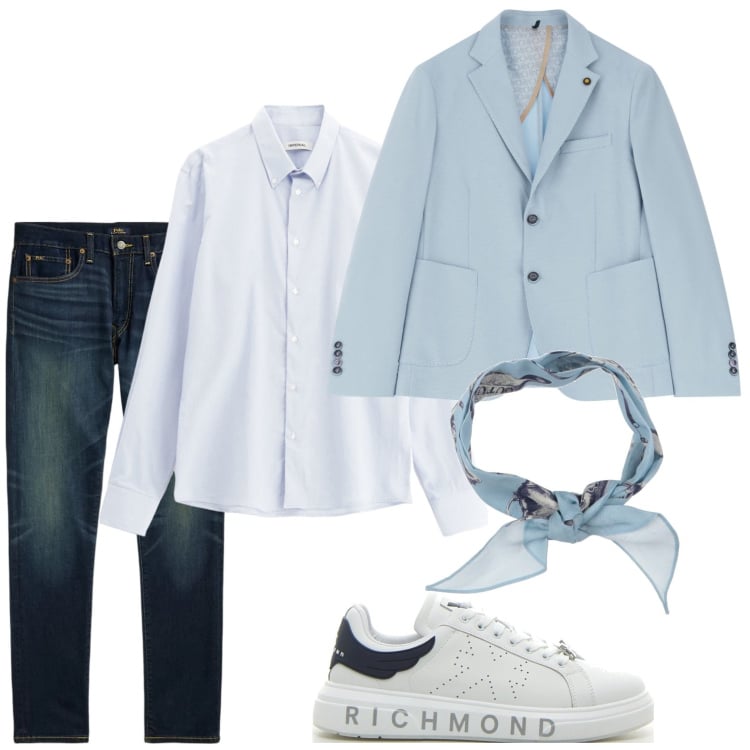 Outfit uomo - Azzurro polvere. Stile Urban per Tutti i giorni. Abbinamento con sciarpe, giacche, camicie, jeans, sneakers.