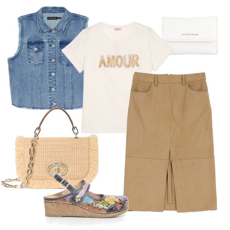 Outfit donna - Nel budello della riviera. Stile Casual chic per Tutti i giorni. Abbinamento con portafogli, gonne longuette, gilet, sandali, t-shirt, borse a tracolla.