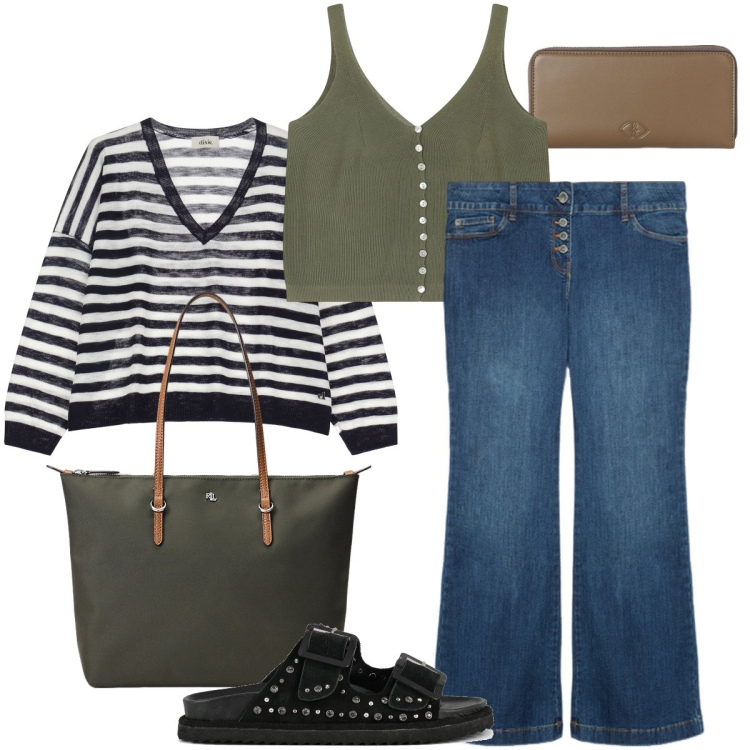 Outfit donna - La maglia a righe. Stile Urban per Tutti i giorni. Abbinamento con top, maglieria, borse tote, sandali, jeans, portafogli.