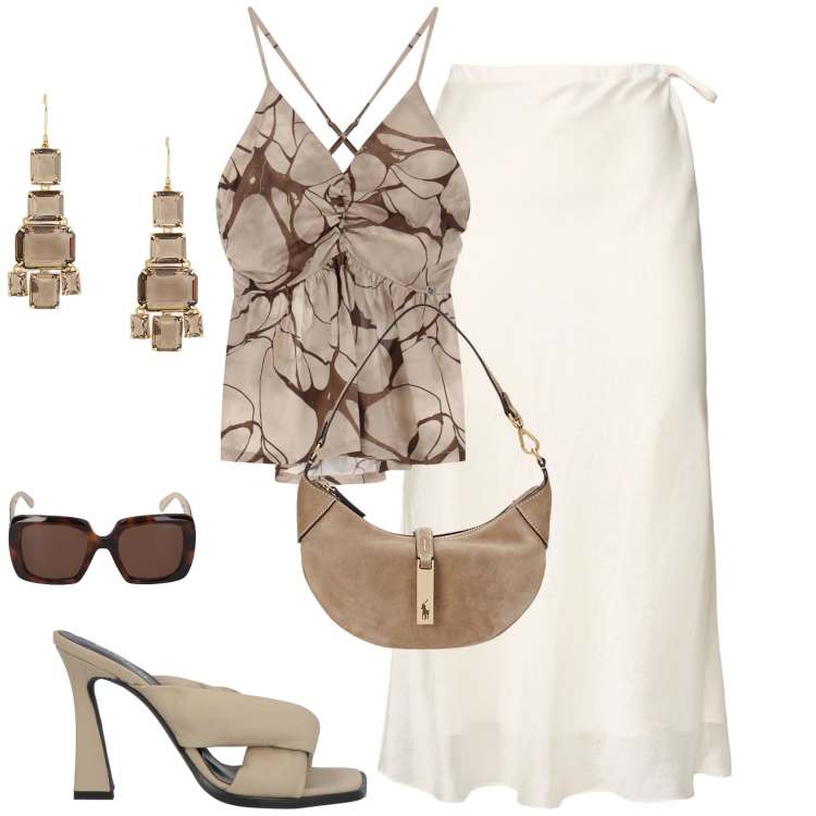 Outfit donna - Summer. Stile Trendy per Tutti i giorni. Abbinamento con sandali in pelle, canottiere, borse a spalla, orecchini, gonne lunghe, occhiali da sole.