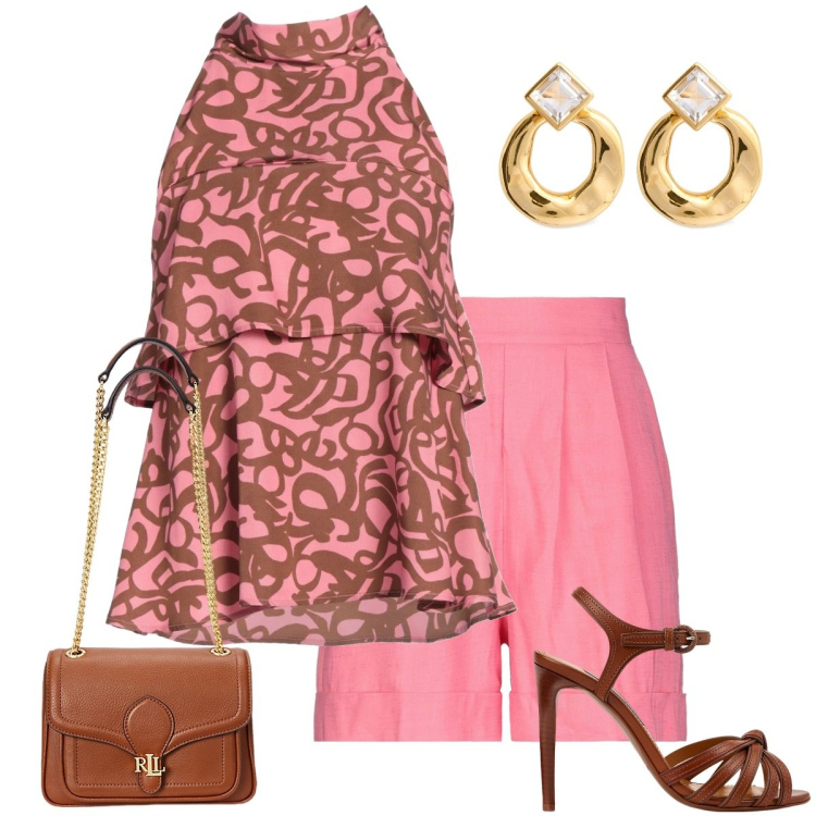 Outfit donna - La blusa come un mini abito. Stile Bon Ton per Cerimonia. Abbinamento con top, shorts, borse a spalla, sandali col tacco, orecchini.