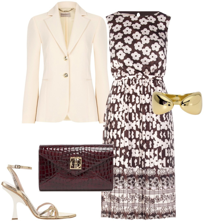 Outfit donna - L’abito plissè a fiori. Stile Chic per Cerimonia. Abbinamento con vestiti midi/longuette, blazer, anelli, sandali col tacco, pochette.