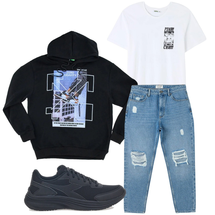 Outfit uomo - Minimal. Stile Trendy per Tutti i giorni. Abbinamento con jeans strappati, t-shirt, felpe con cappuccio, sneakers.