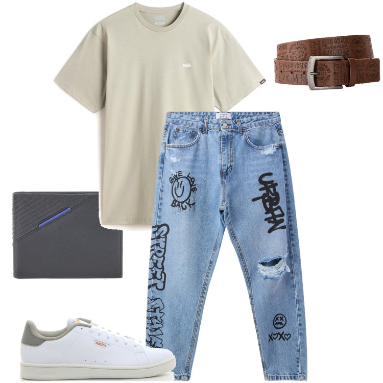 Outfit uomo - I jeans con le scritte. Stile Urban per Tutti i giorni. Abbinamento con cinture, jeans strappati, portafogli, t-shirt, sneakers.