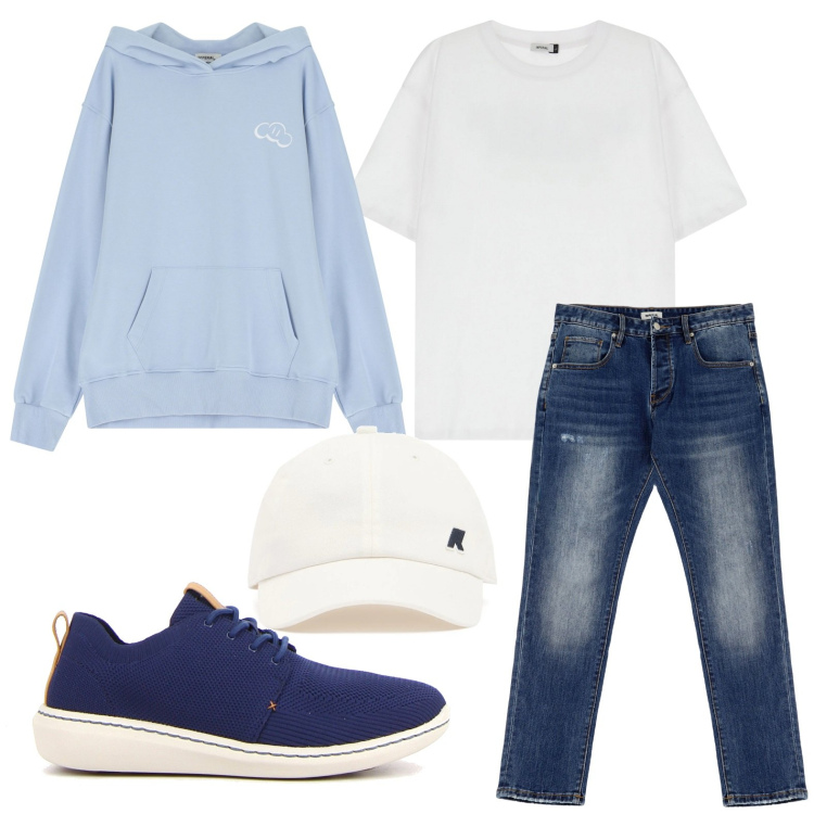 Outfit uomo - Felpa e jeans. Stile Trendy per Tutti i giorni. Abbinamento con felpe con cappuccio, t-shirt, jeans dritti, cappelli, sneakers.