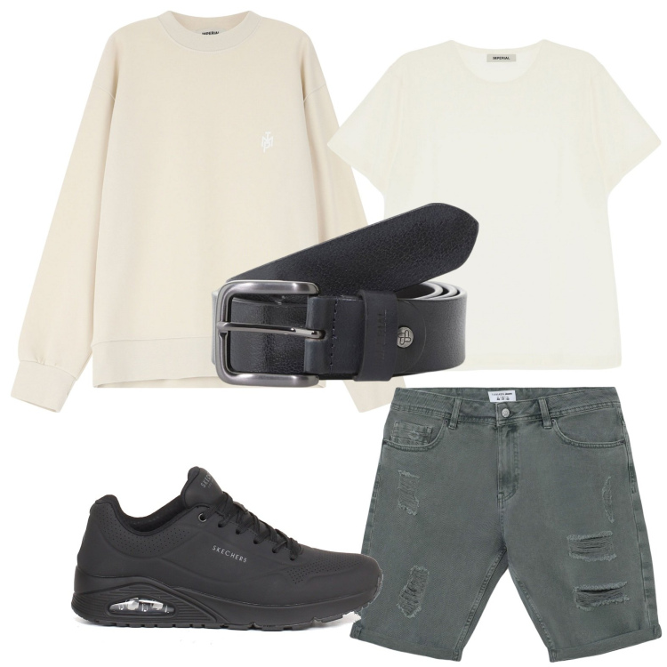 Outfit uomo - Dinamico. Stile Trendy per Tutti i giorni. Abbinamento con bermuda, cinture, felpe, t-shirt, sneakers.