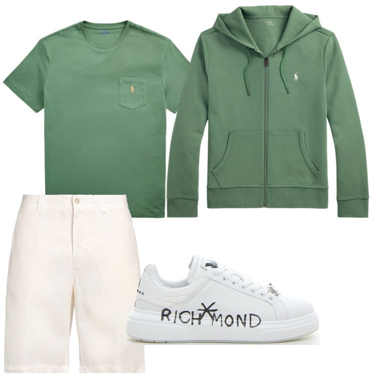 Outfit uomo - Verde prato urban. Stile Urban per Tutti i giorni. Abbinamento con shorts, felpe, t-shirt, sneakers.