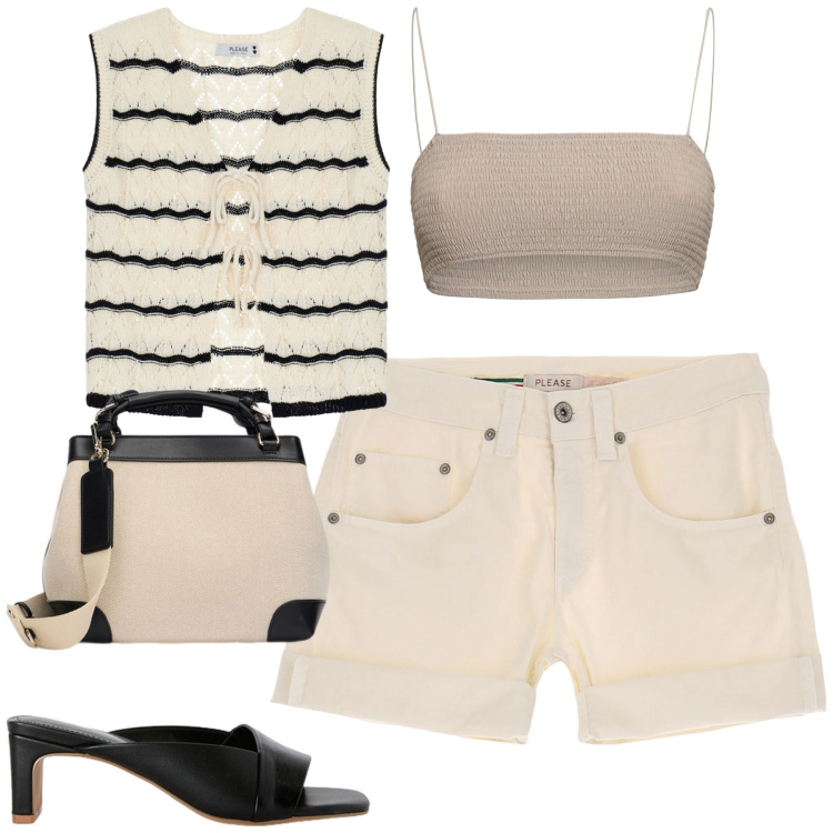 Outfit donna - Al mare. Stile Casual chic per Mare. Abbinamento con shorts, top, bikini, sabot, borse a mano.
