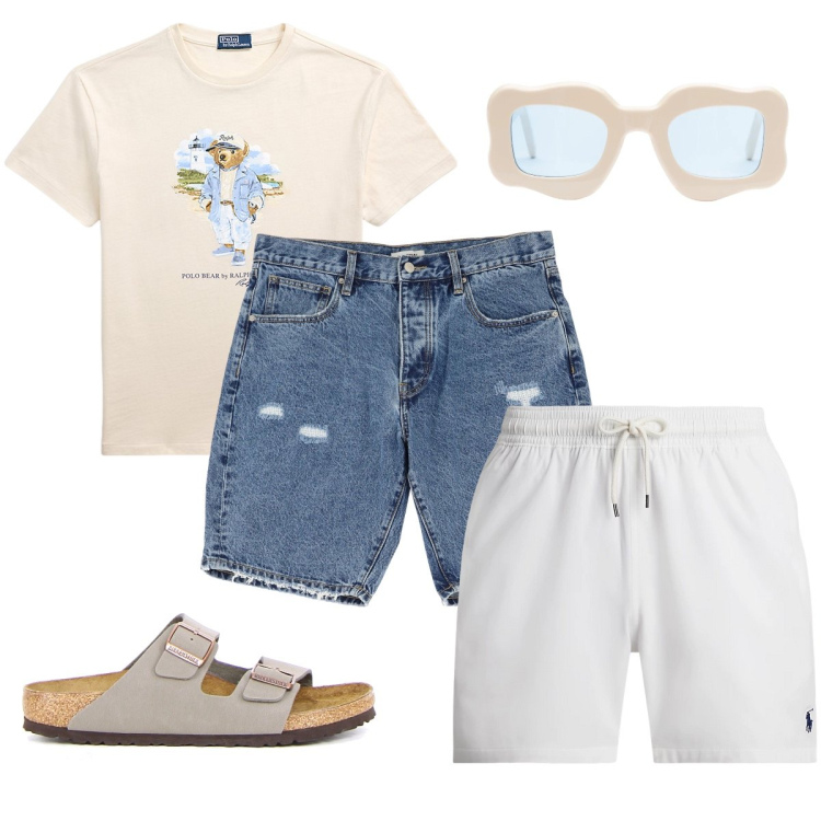 Outfit uomo - Al mare. Stile Urban per Mare. Abbinamento con bermuda, t-shirt, costumi, occhiali da sole, sandali.