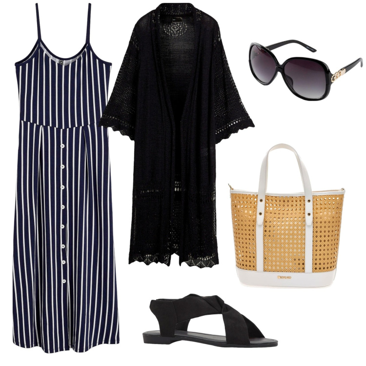 Outfit donna - Una mattina al mare. per Mare. Abbinamento con cardigans, occhiali da sole, sandali, vestiti midi/longuette, borse a spalla.