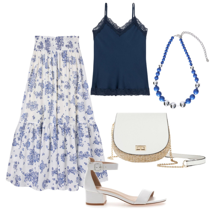 Outfit donna - Sera d’estate con i fiordalisi. Stile Glamour per Serata fuori. Abbinamento con borse a tracolla, gonne lunghe, collane, sandali col tacco, top.