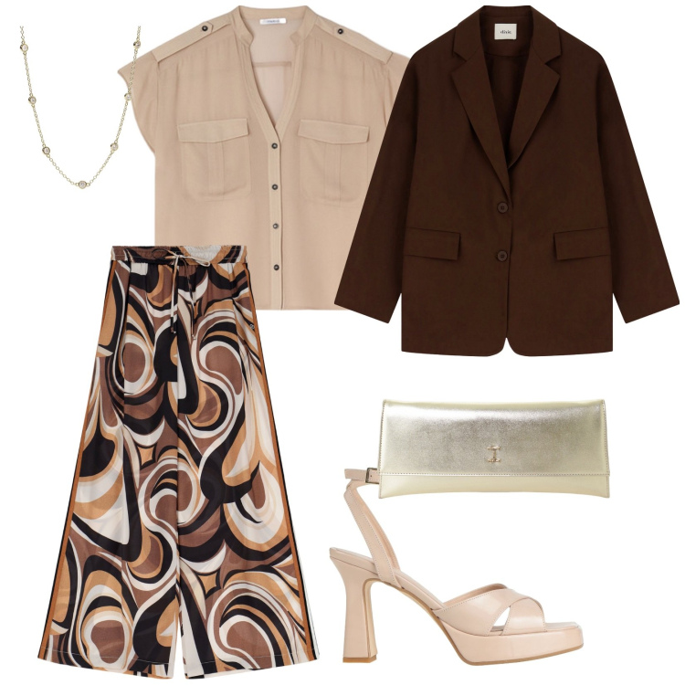 Outfit donna - Quando vuoi. per Serata fuori. Abbinamento con sandali col tacco, collane, pantaloni, pochette, blazer, camicie a manica corta.