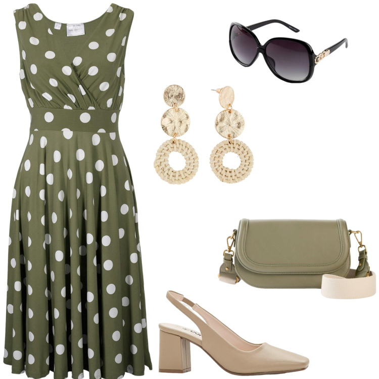 Outfit donna - Verde e pois. Stile Casual chic per Tutti i giorni. Abbinamento con vestiti, orecchini, occhiali da sole, décolleté, borse a tracolla.