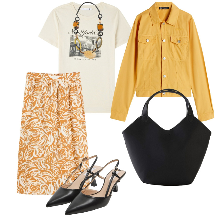 Outfit donna - Giallo. per Ufficio. Abbinamento con gonne longuette, borse a mano, sabot, t-shirt, blazer, collane.