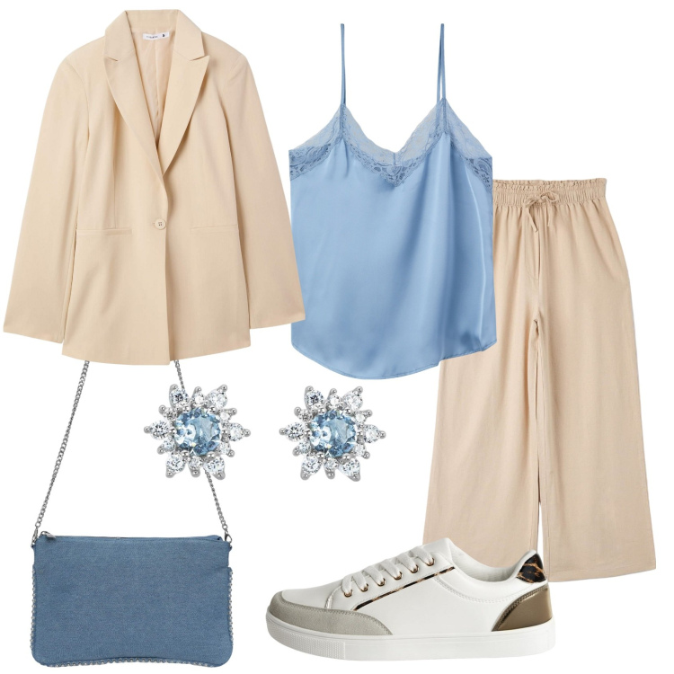 Outfit donna - Al compleanno della nipotina. Stile Casual chic per Tutti i giorni. Abbinamento con pantaloni, blazer, borse a tracolla, sneakers, top, orecchini.