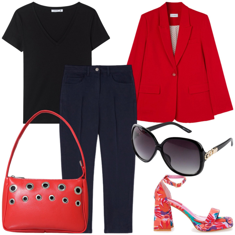 Outfit donna - Colore in ufficio. Stile Urban per Ufficio. Abbinamento con occhiali da sole, t-shirt, borse a mano, sandali col tacco, blazer, pantaloni.